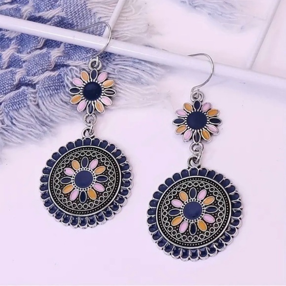 Jewelry - Blue Floral Medallion Earrings